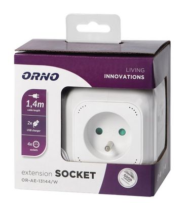 Predlžovací kábel kocka 4G ORNO OR-AE-13144/W, 4x 230V, 2x USB nabíjací, prívod 1,4m, biela Predlžovací kábel kocka 4G ORNO OR-AE-13144/W, 4x 230V, 2x USB nabíjací, prívod 1,4m, biela