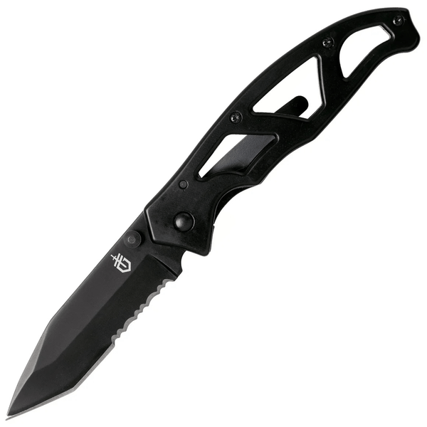 Gerber 31-003628 Paraframe I Tanto Black Part. Serrated vreckový nôž 7 cm, celočierna, celooceľový