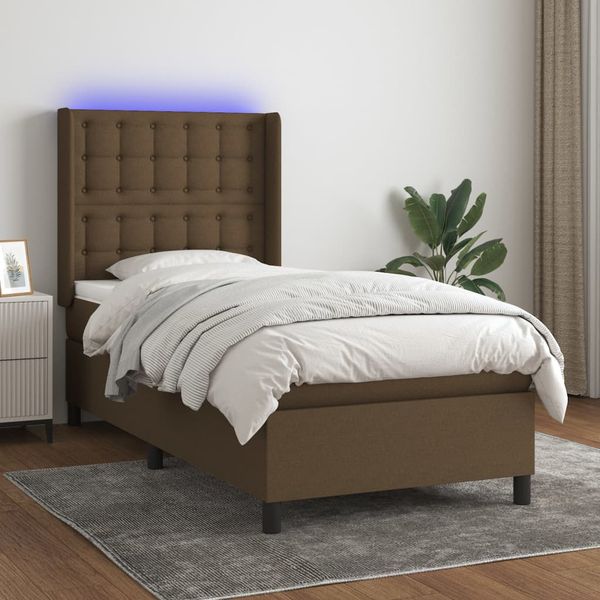 vidaXL Posteľ boxsping s matracom a LED tmavohnedá 90x190 cm látka