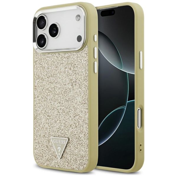 Puzdro Guess Glitter Triangle Logo MagSafe pre iPhone 17 Pro Max zlatá