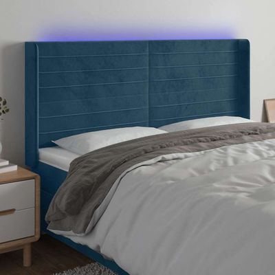 vidaXL Čelo postele s LED tmavomodré 183x16x118/128 cm zamat