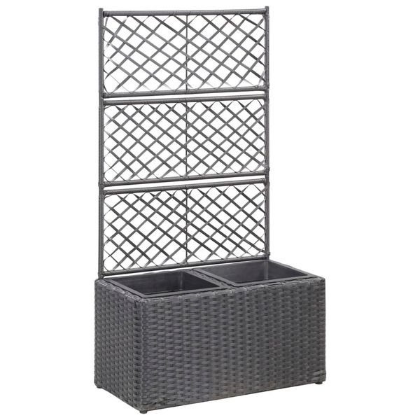 vidaXL Vyvýšený záhon+mriežka, 2 nádoby 58x30x107cm, polyratan, čierny