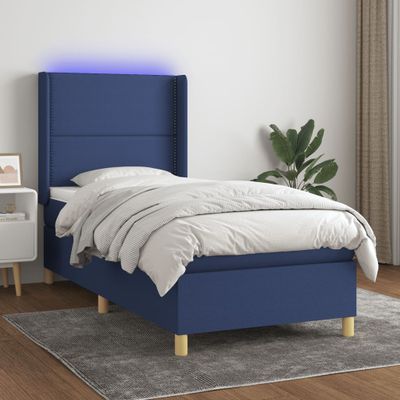 vidaXL Posteľ boxsping s matracom a LED modrá 90x200 cm látka