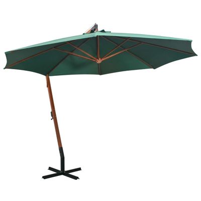 vidaXL Zelený visiaci slnečník 350 cm, drevená tyč