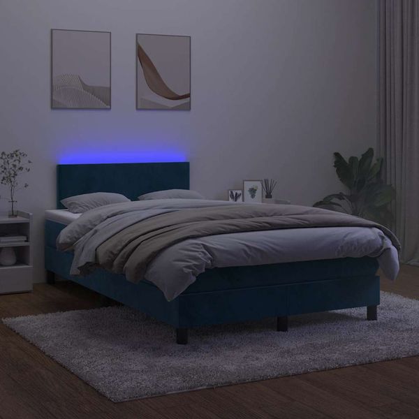vidaXL Boxspring posteľ s matracom a LED, tmavomodrá 120x190 cm, zamat