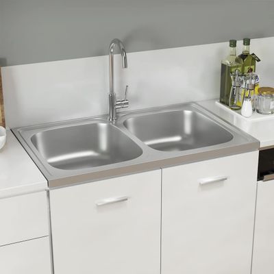 vidaXL Kuchynský drez, 2 vaničky, strieborný 800x500x155 mm, oceľ