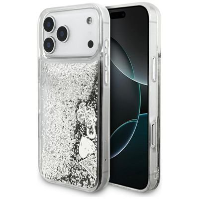 Puzdro Guess Liq. Glitter Charms pre iPhone 17 Pro Max strieborná