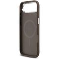 Guess Case Magsafe 4G PU kožený obal s trojuholníkovým logom a strieborným kovovým rámom fotoaparátu pre iPhone 17 Air hnedá