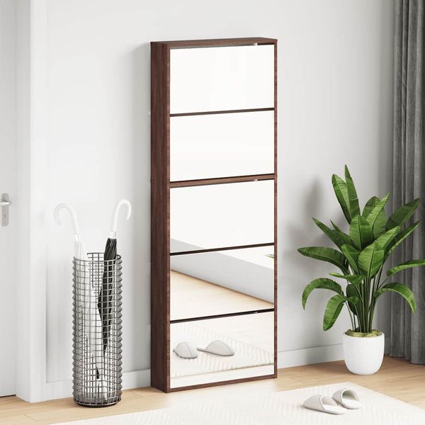 vidaXL Botník so zrkadlom 5-poschodový hnedý dub 63x17x169,5 cm
