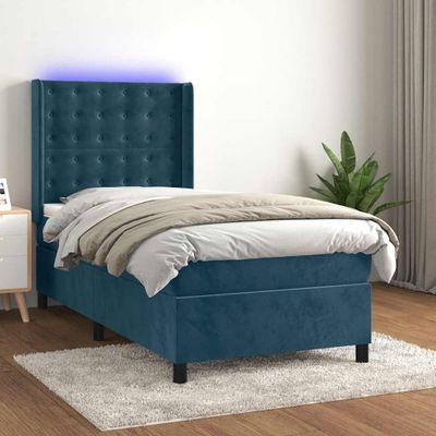 vidaXL Posteľný rám boxsping matrac a LED tmavomodrý 90x200 cm zamat