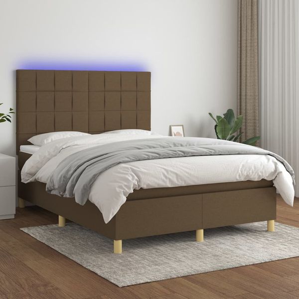 vidaXL Posteľ boxsping s matracom a LED tmavohnedá 140x190 cm látka