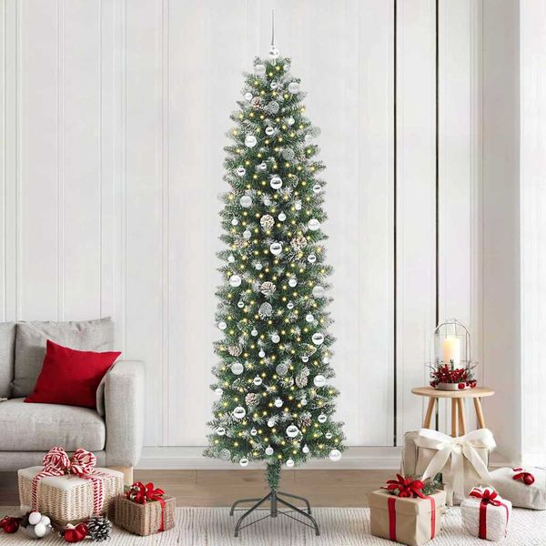 vidaXL Umelý chudý vianočný strom s 300 LED-i Zelená a biela 240 cm