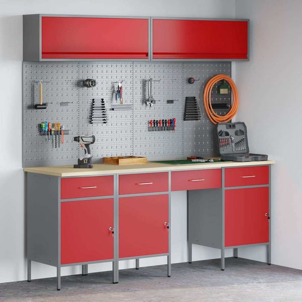 vidaXL Sada pracovných skríň so zásuvkou s úložiskom 10 pcs Červená