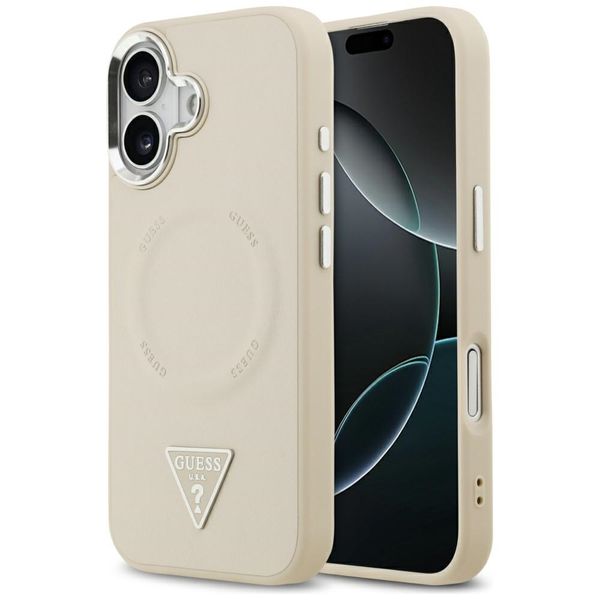 Obal Guess Magsafe PU Koža s trojuholníkovým logom strieborný kovový rám fotoaparátu pre iPhone 17 béžový