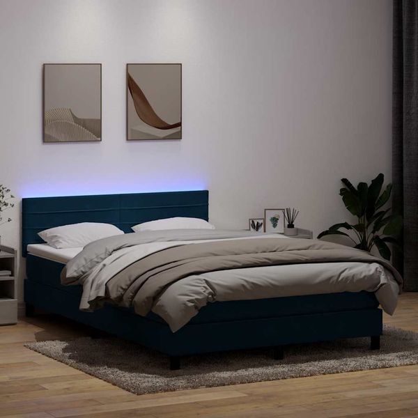 vidaXL Box Spring Posteľ s matracom a LED Tmavomodrá 140x220 cm Zamat
