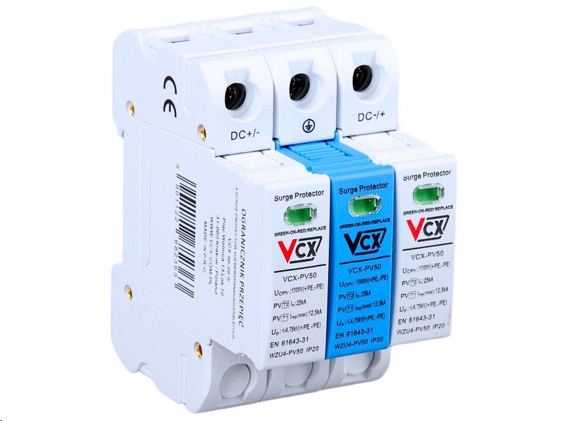 Ochrana pred preťažením VCX PV50 DC trieda T1T2 (B+C) 3P 1000V 12,5 kA GDT s plynným iskrišťom