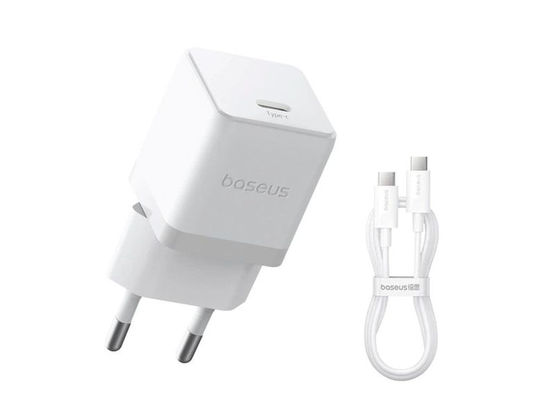 Baseus Palm Fast Nabíjačka USB-C 20W + Dátový Kábel USB-C/USB-C 1m White
