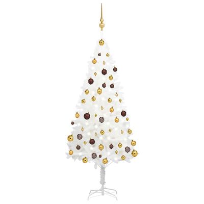 vidaXL Osvetlený umelý vianočný stromček s guľami, biely 150 cm