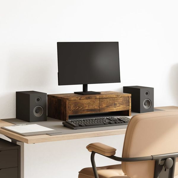 vidaXL Stojan na monitor a zásuvky dymový 50x27x15 cm kompozitné drevo