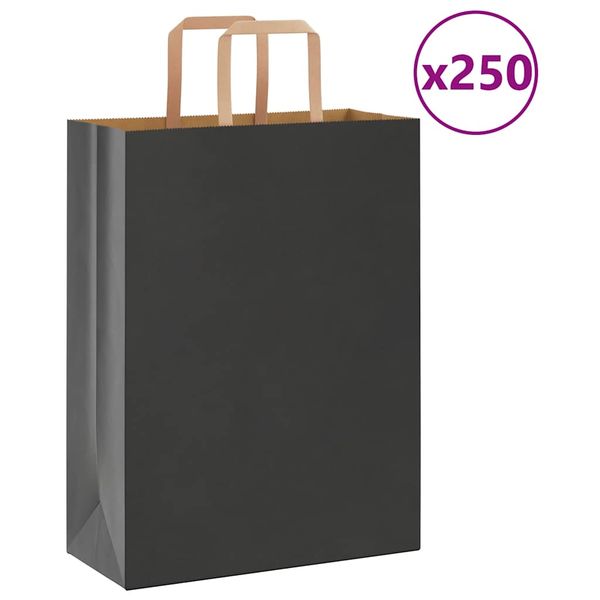vidaXL Papierové tašky 250 ks s rúčkami, čierna, 26x12x35 cm