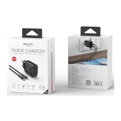 YESIDO WALL CHARGER YC54 PD 20W QC 2xUSB-C + TYPE-C/LIGHTNING CABLE 27W 1M BLACK