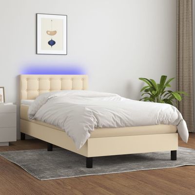 vidaXL Posteľ boxsping s matracom a LED krémová 90x200 cm látka