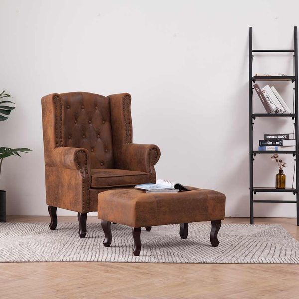 vidaXL Kreslo v štýle chesterfield z umelej kože s podnožkou hnedé