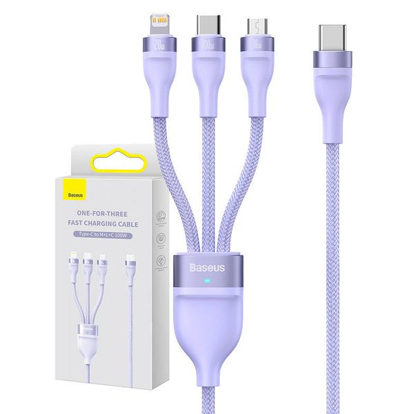 USB kábel 3v1 Baseus Flash Series 2, USB-C + micro USB + Lightning, 100 W, 1,5 m (fialový)