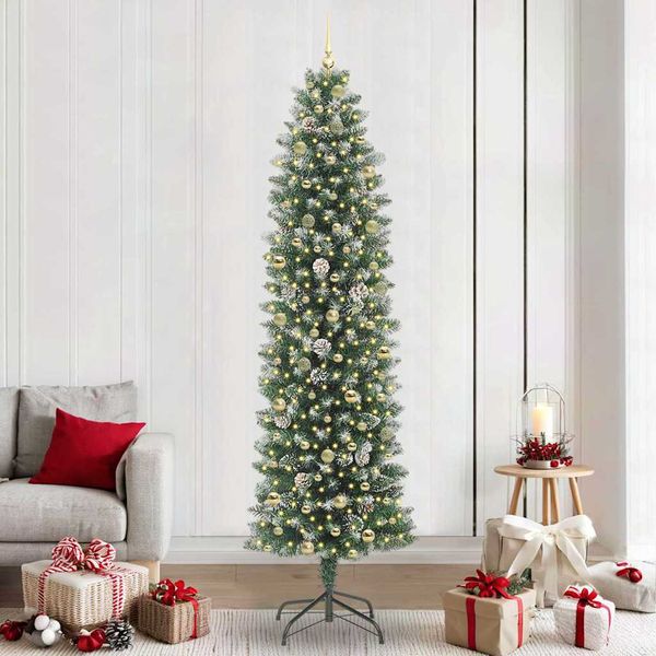 vidaXL Umelý chudý vianočný strom s 300 LED-i Zelená a biela 240 cm