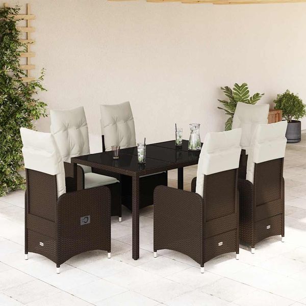 vidaXL 7-dielna záhradná bistro súprava s vankúšmi hnedá polyratan