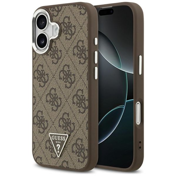 Puzdro Guess Magsafe 4G PU kožené puzdro s trojuholníkovým logom a strieborným kovovým rámom fotoaparátu pre iPhone 17 hnedé