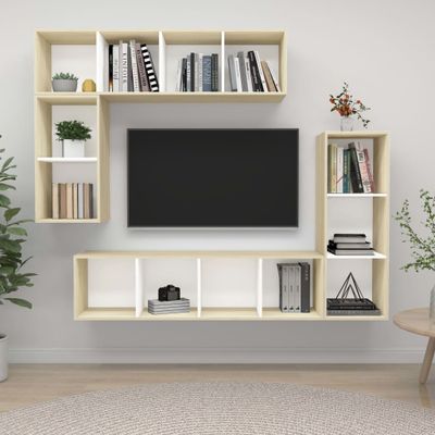 vidaXL 4-dielna súprava TV skriniek, biela+sonoma, kompozitné drevo