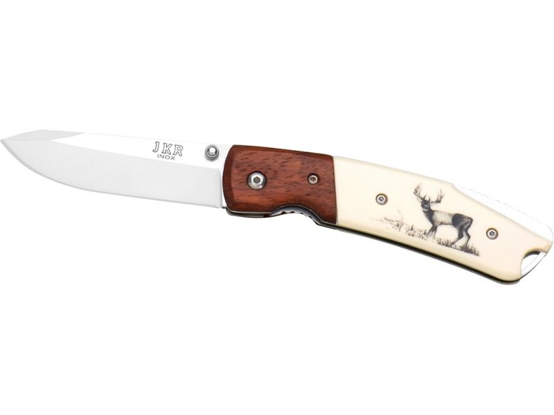 JOKER JKR0335 vreckový lovecký nôž 7,5 cm, drevo, plast, motív jeleňa