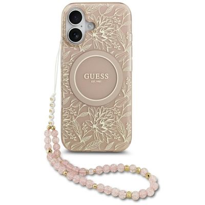 Guess Case Magsafe IML Case Flowers Electroplated Allover S remienkom s korálkami pre iPhone 17 ružová