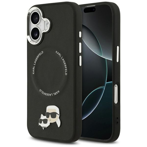 Obal Karl Lagerfeld Magsafe PU s hlavičkami Karl&Choupette, logom a kovovými tlačidlami fotoaparátu na iPhone 17 čierny