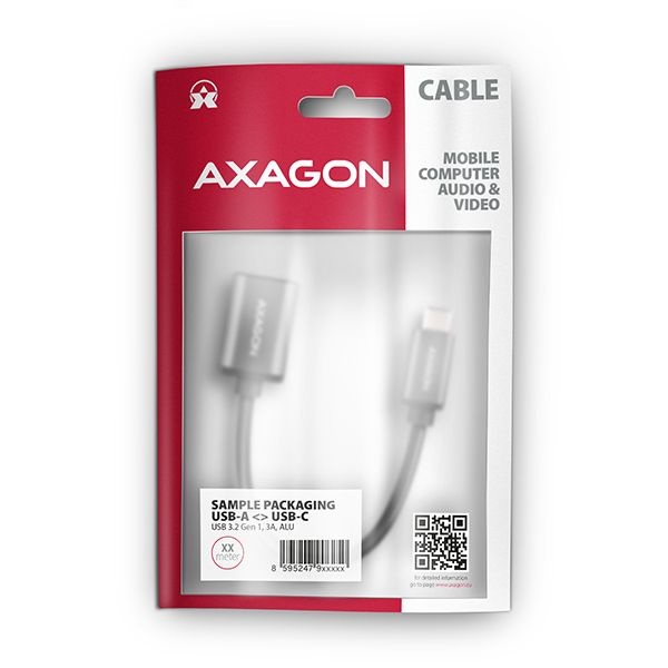 AXAGON RUCM-AFAC, kabelová redukcia USB-C (M) <-> USB-A (F), 20 cm, USB 3.2 Gen 1, 3A, ALU Adaptér, USB 3.2 Gen1, USB typ C na USB typ A, 3A, kovový plášť, 0,2m, šedo-cerný