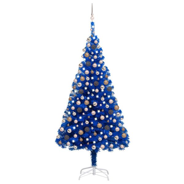 vidaXL Osvetlený umelý vianočný stromček s guľami, modrý 210 cm, PVC