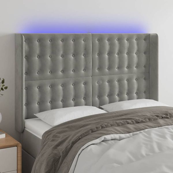 vidaXL Čelo postele s LED bledosivé 147x16x118/128 cm zamat