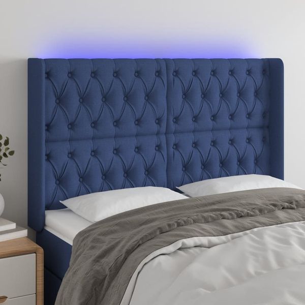 vidaXL Čelo postele s LED modré 147x16x118/128 cm látka
