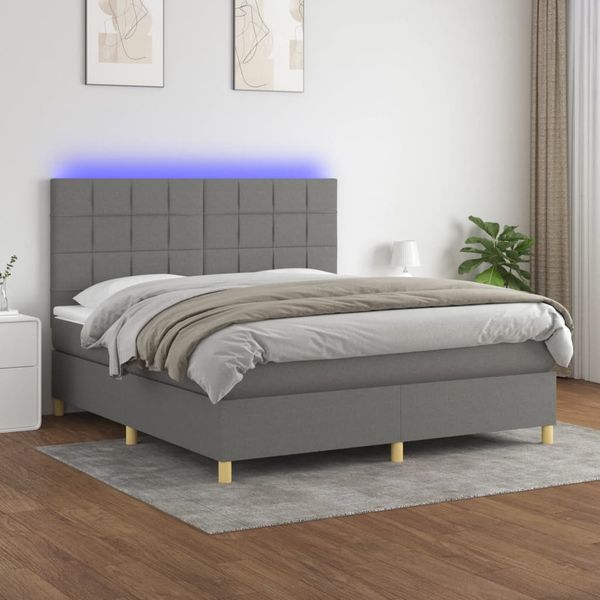 vidaXL Posteľ boxsping s matracom a LED tmavosivá 180x200 cm látka