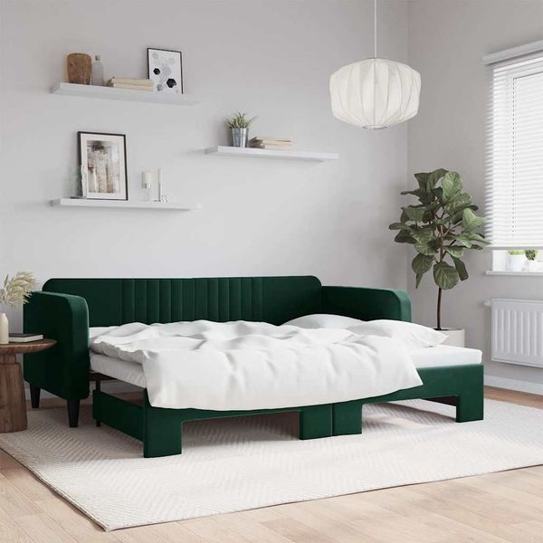 vidaXL Denná posteľ s rozkladacou posteľou tmavozelená 90x200 cm zamat