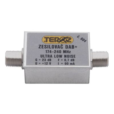 Anténny zosilňovač TEROZ 604X, nízkošumový, DAB, G23dB, F0,7dB, U>120dBµV, F-F