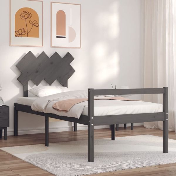 vidaXL Posteľ pre seniorov s čelom, sivá, 90x200 cm, drevený masív