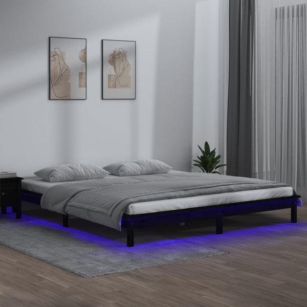 vidaXL Posteľný rám s LED, čierny 150x200 cm, King, drevený masív