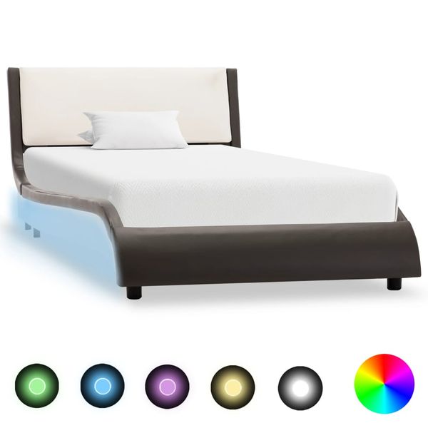 vidaXL Posteľný rám s LED, sivo biely, umelá koža 90x200 cm