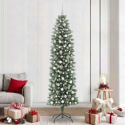 vidaXL Umelý chudý vianočný strom s 300 LED-i Zelená a biela 240 cm