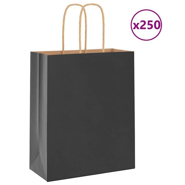 vidaXL Papierové tašky 250 ks s rúčkami, čierna, 18x8x22 cm