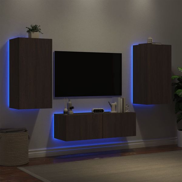 vidaXL 3-dielne TV nástenné skrinky s LED svetlami hnedý dub