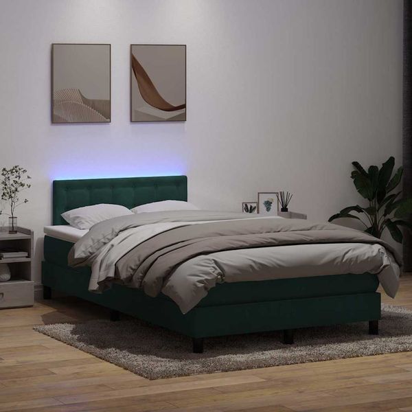 vidaXL Posteľný rám boxsping s matracom a LED tmavozelený 120x220 cm zamat