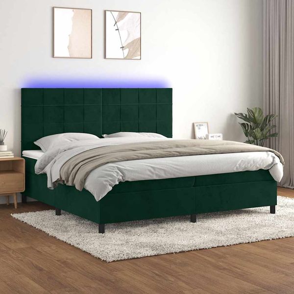 vidaXL Posteľný rám boxsping matrac a LED tmavozelený 200x200 cm zamat